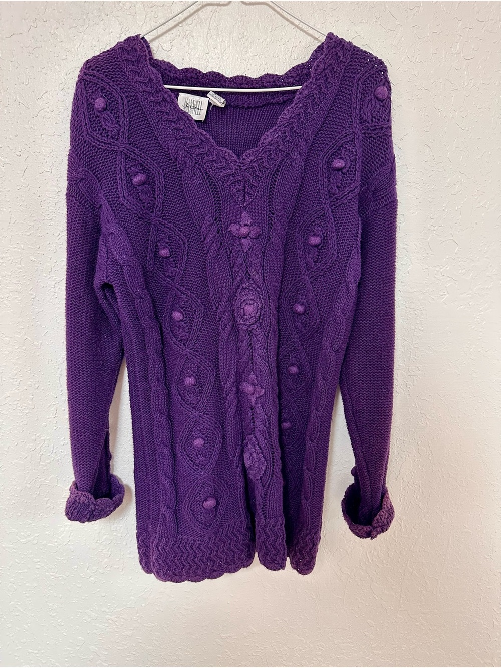 Vintage Jaison Purple Cable Knit Popcorn Pom Pom Sweater Size Small